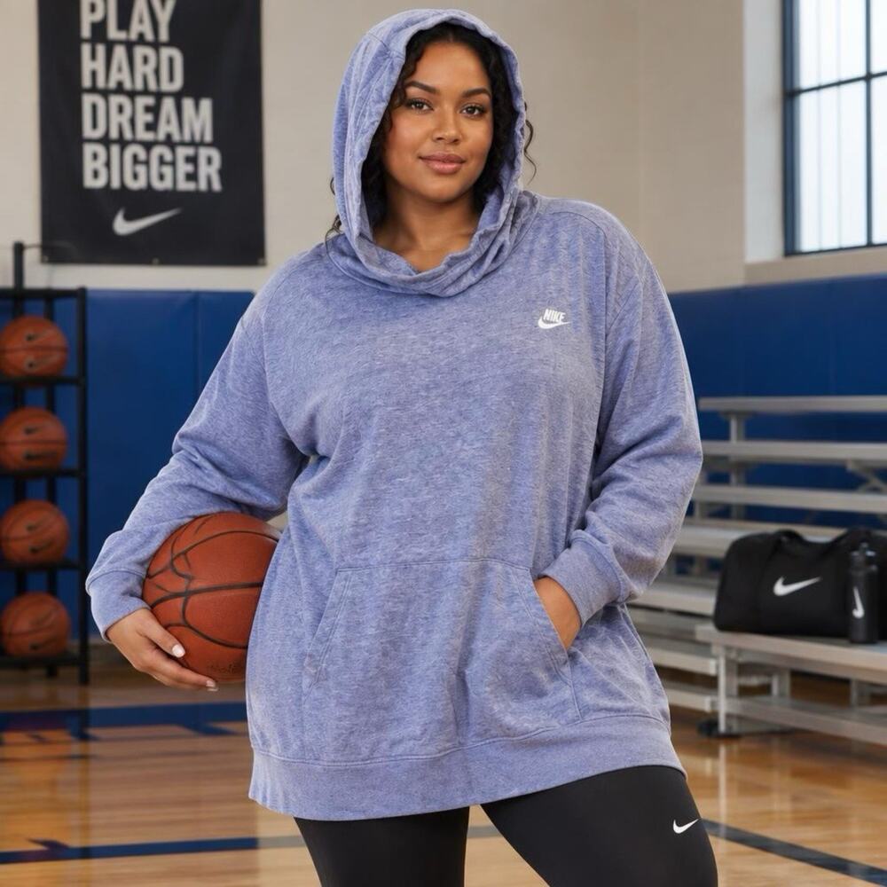 Nike Fleece Funnel Neck Hoodie Pullover Women 2X Center Swoosh Soft Light Gray